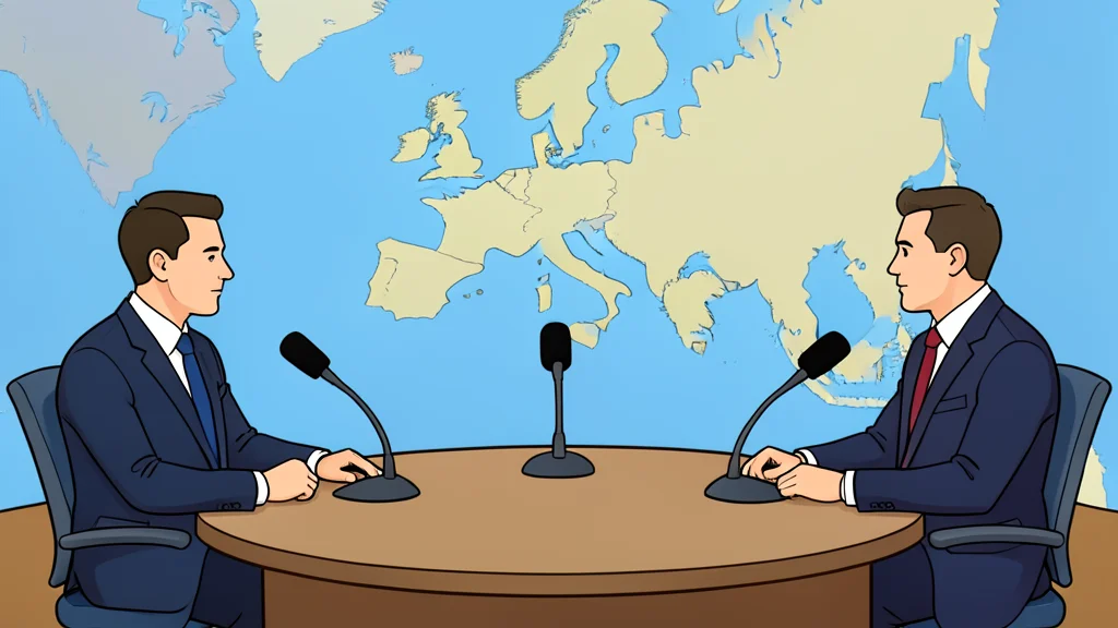 A diplomatic round table with microphones and a map of Europe in the background