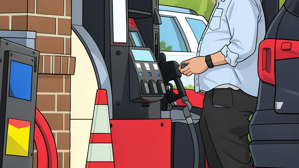 A red fuel pump nozzle resting on a concrete surface next to a coiled black hose
