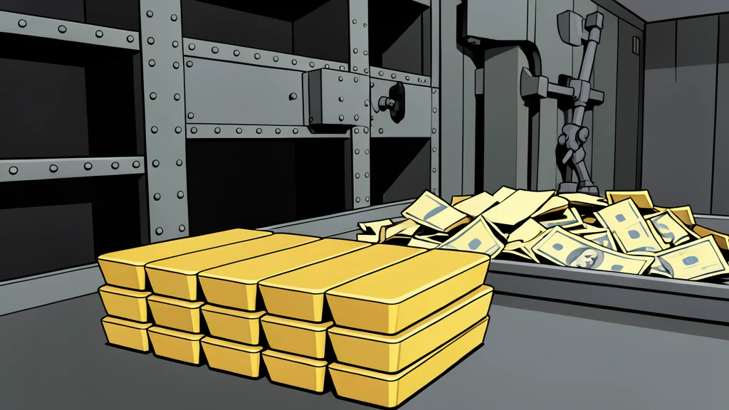 A stack of shiny gold bars resting on a dark wooden table