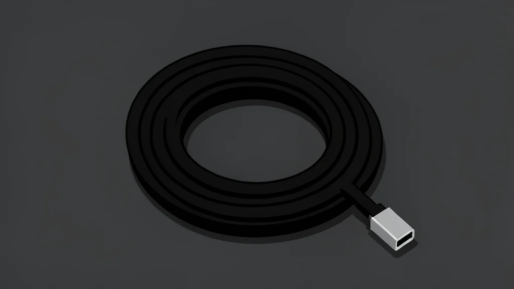A coiled black cable with a metallic connector resting on a dark surface