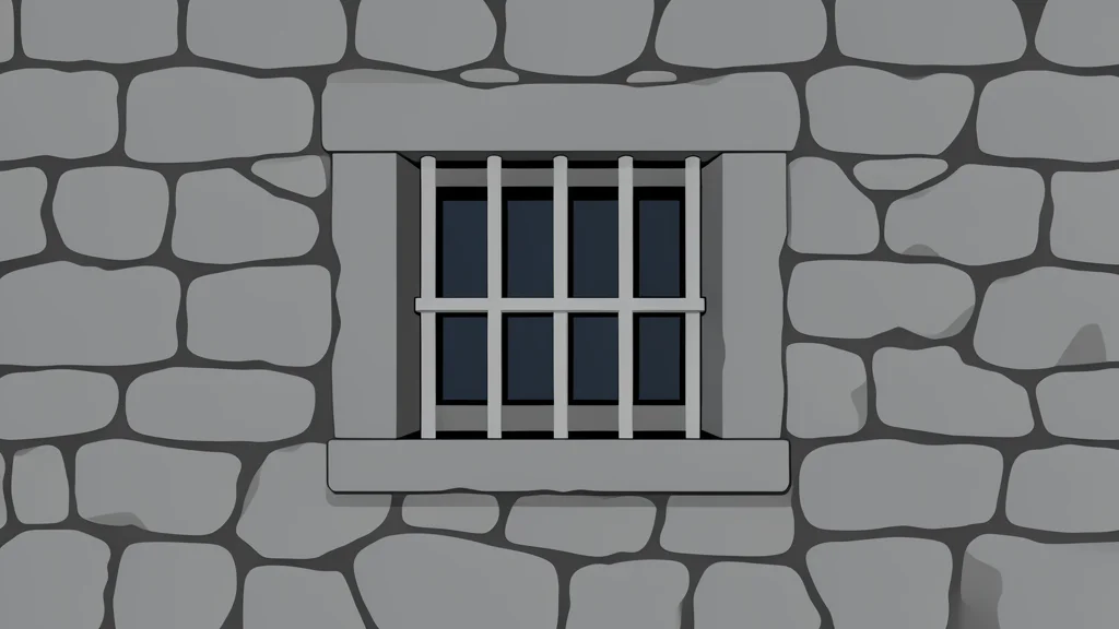 A solitary stone wall with a single barred window set into rough masonry