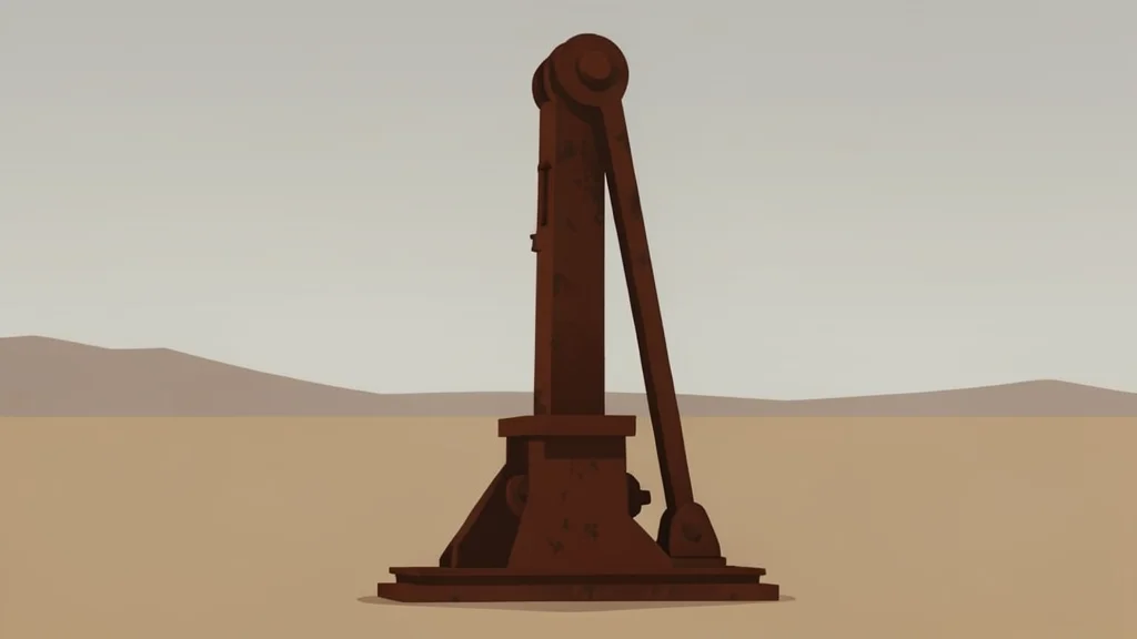 A rusted industrial oil pump jack standing in a flat, arid landscape under a hazy sky