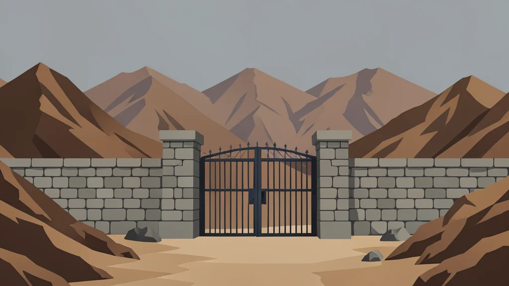 A solitary stone prison gate set against a rugged, arid mountain landscape under a grey sky