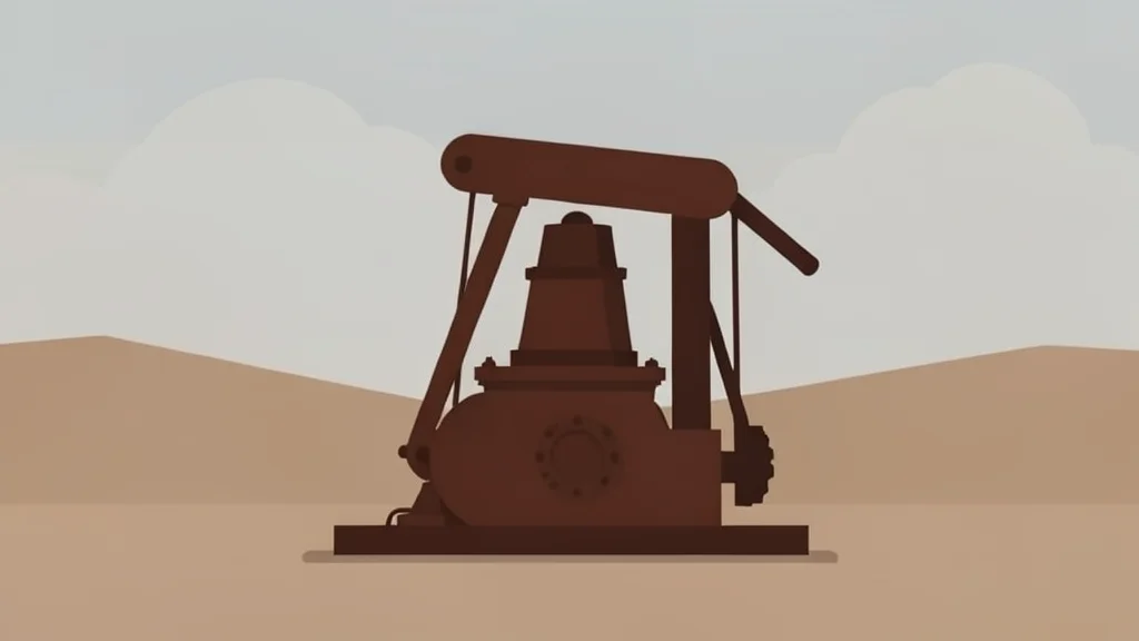 A rusted industrial oil pump jack standing in a flat, arid landscape under a hazy sky