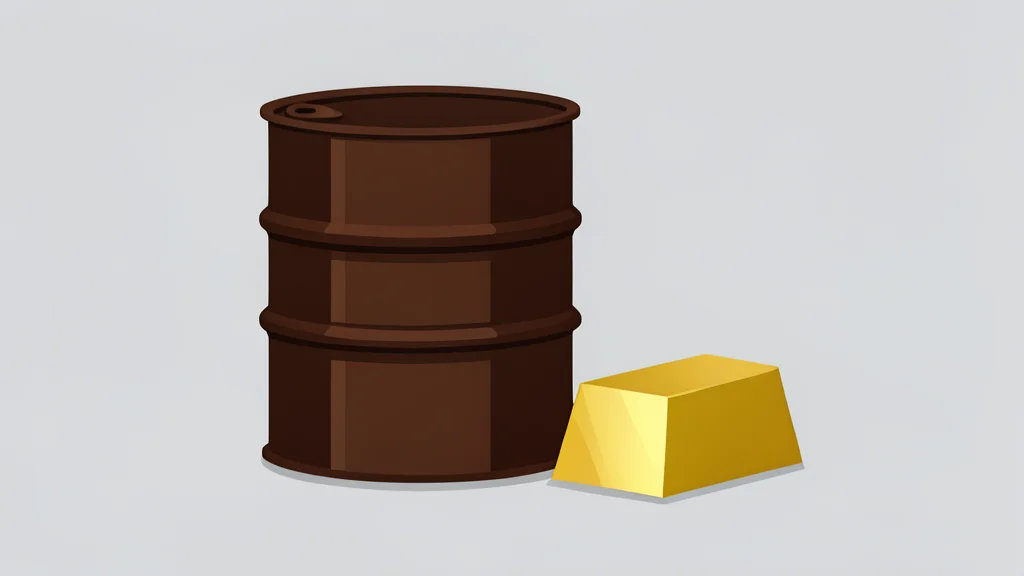 A stack of rough, dark brown crude oil barrels next to a polished, shiny gold ingot on a neutral surface