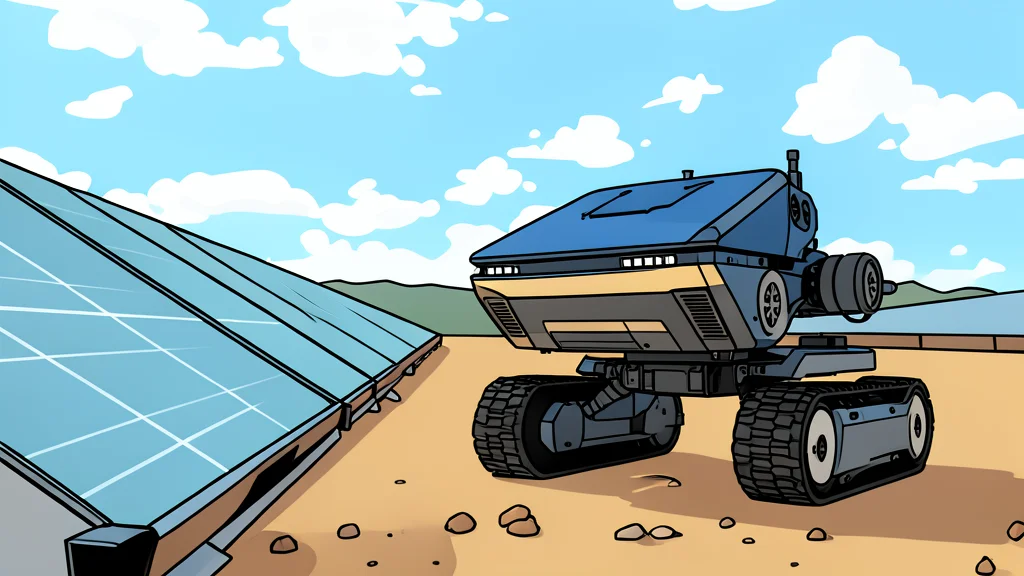 A robotic arm installing a solar panel on a grassy hillside