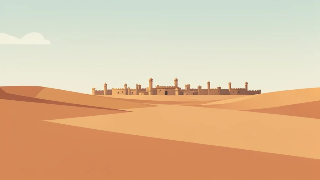 A vast, arid desert landscape stretching toward a distant, fortified city skyline under a hazy sky
