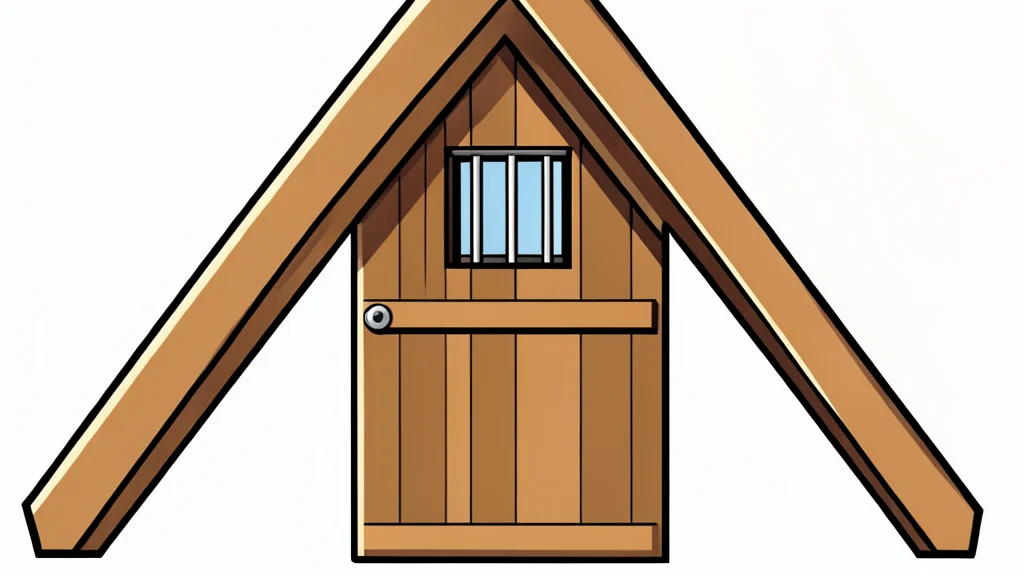 A closed wooden attic door with a small, barred window.