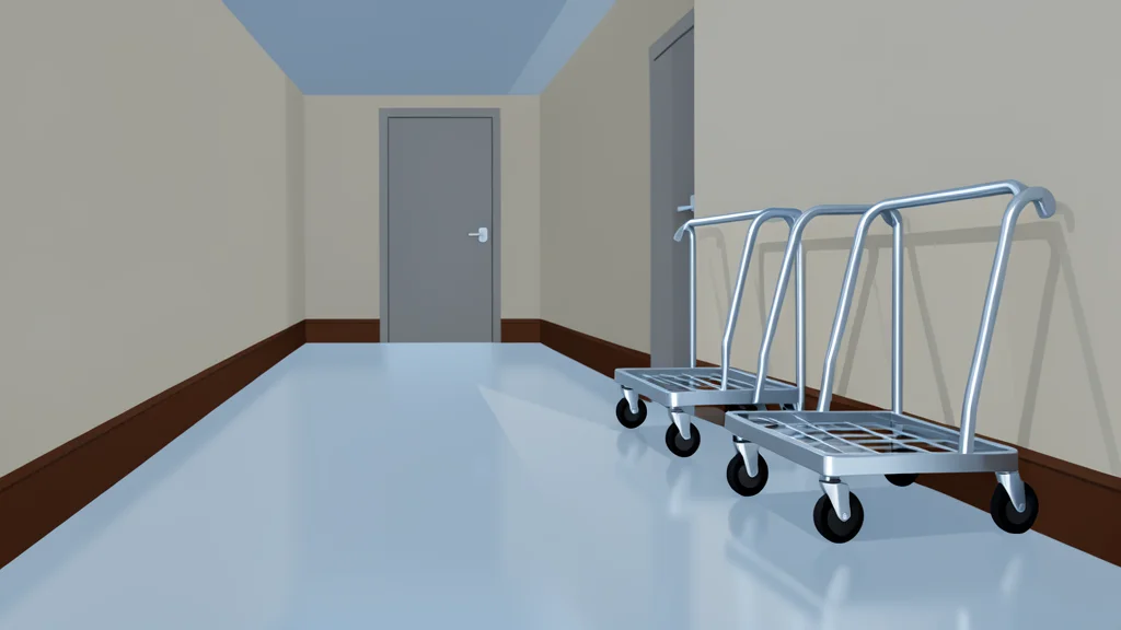 A long, empty hotel corridor with luggage carts parked against the wall