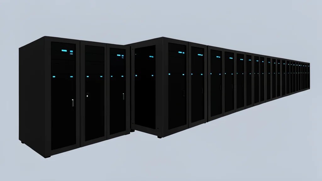 A wide-angle view of a modern server room with rows of black cabinets and glowing blue status lights.