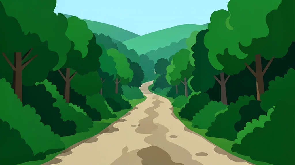 A dusty unpaved road winding through a dense green forest in a hilly region.