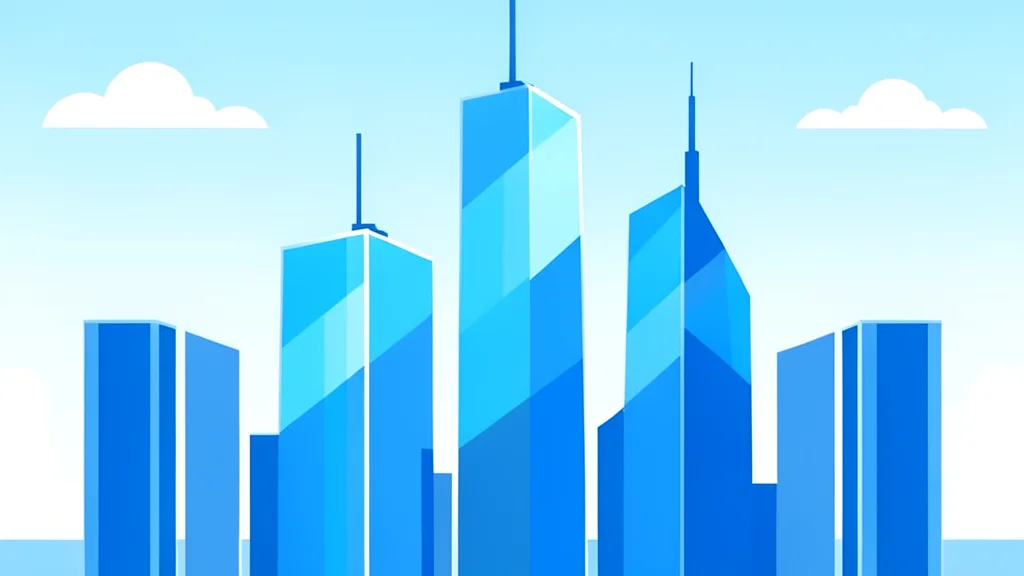 A view of a modern city skyline with glass skyscrapers reflecting a bright morning sky