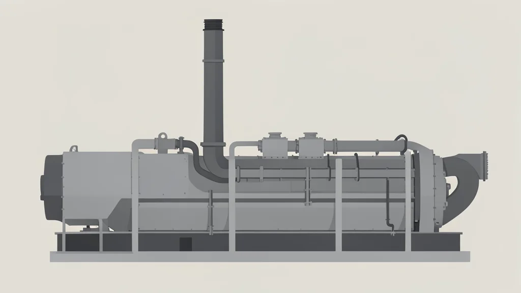 A large industrial gas turbine engine with visible piping and exhaust stacks