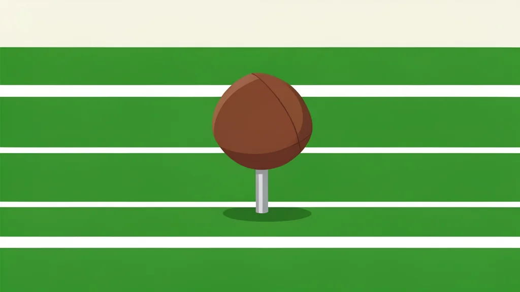 A green artificial turf field with white yard lines and a football resting on a tee