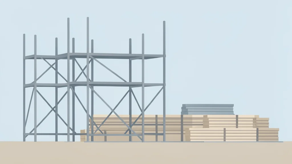 A stylized construction site with scaffolding and stacked materials under a neutral sky.