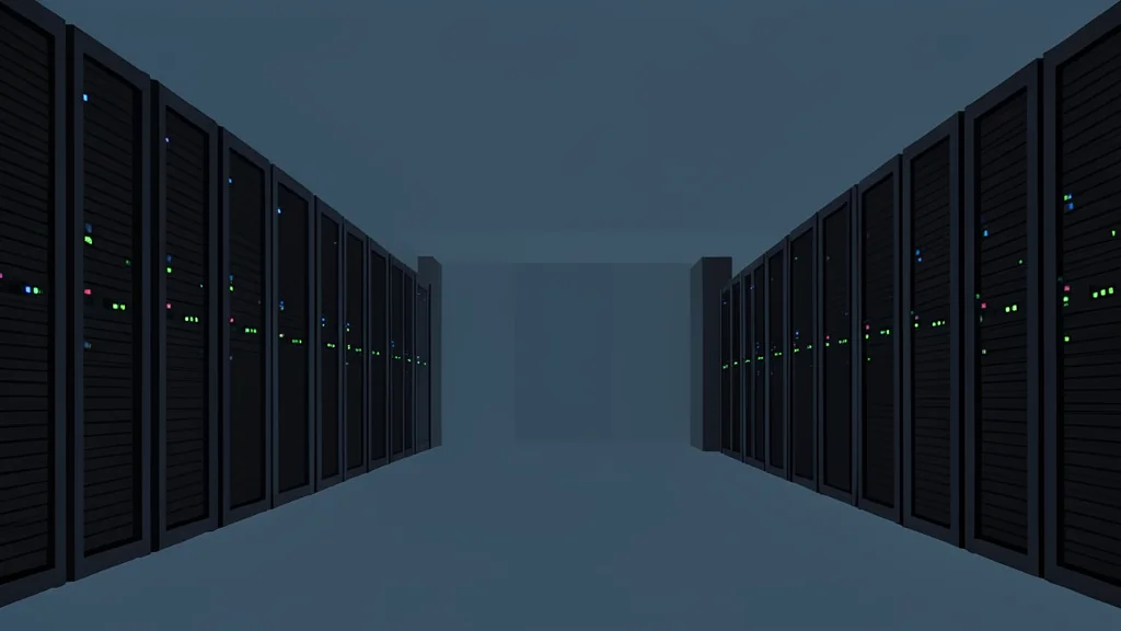 A vast, dimly lit server room with rows of tall, black metal racks and blinking status lights