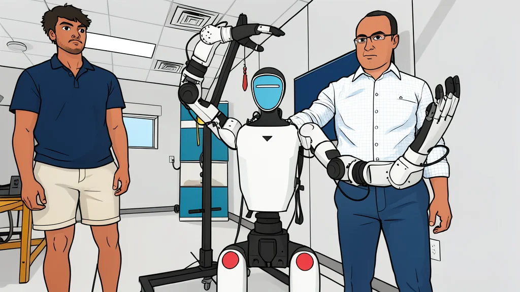 A flat-vector illustration of a four-foot tall humanoid robot standing on a laboratory floor