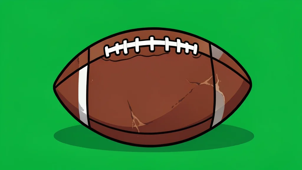 A worn leather football resting on green artificial turf.
