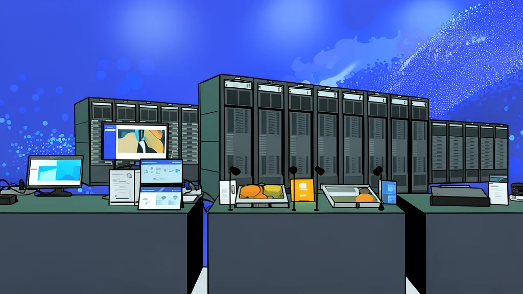 A large industrial server rack with glowing blue status lights and thick cooling pipes