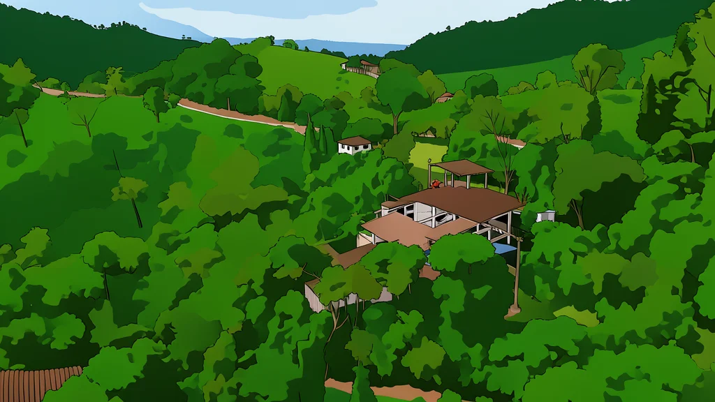 A dense, misty mountain forest with a gravel road winding through the trees