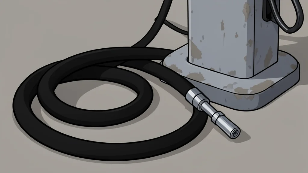 A fuel pump nozzle resting on a concrete surface next to a row of parked cars