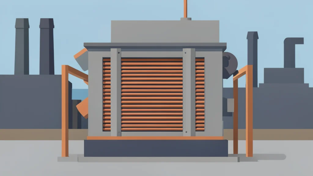 A large industrial transformer with copper windings and cooling fins standing in a factory setting