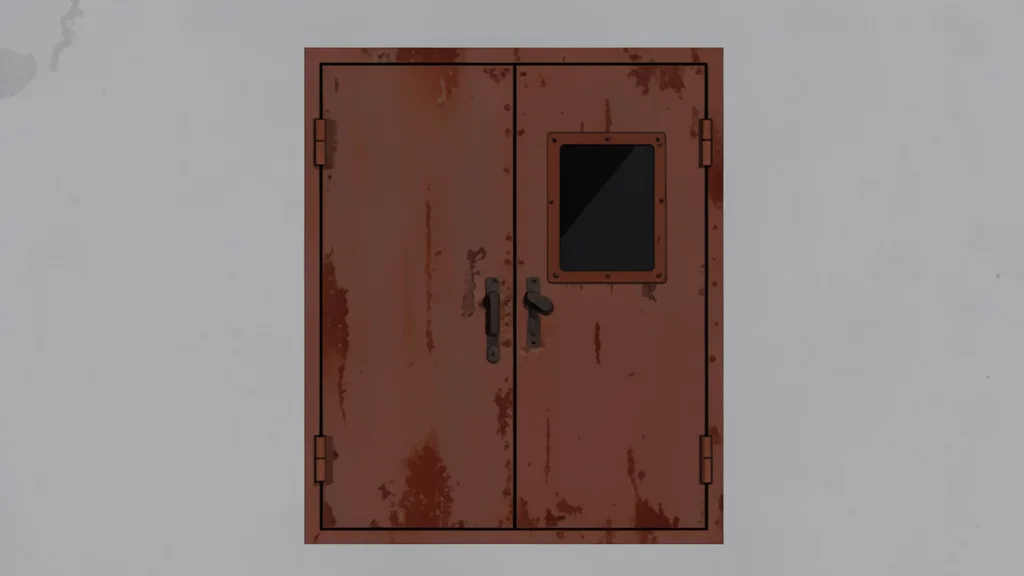 A heavy, rusted iron cell door with a small, dark observation window set in a concrete wall.