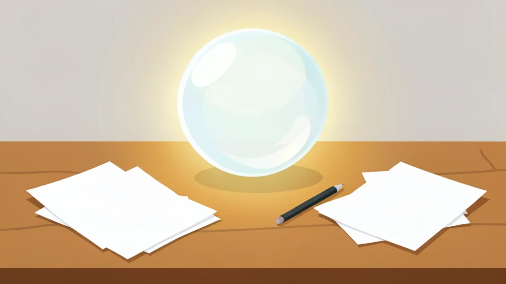 A glowing translucent sphere floats above a wooden desk surrounded by scattered paper notes and a pen.