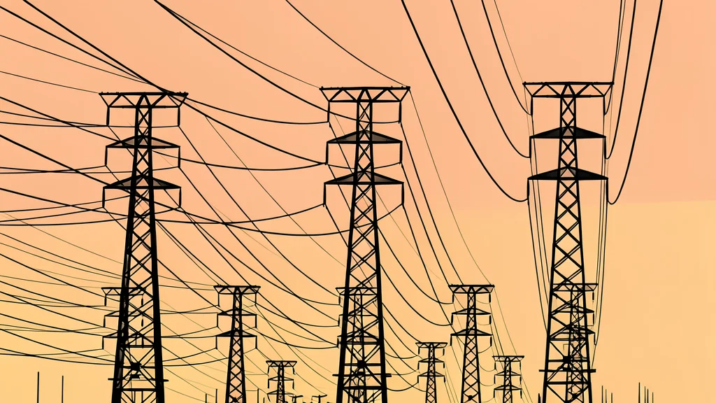 A high-voltage transmission tower standing in a dry, grassy field under a clear sky