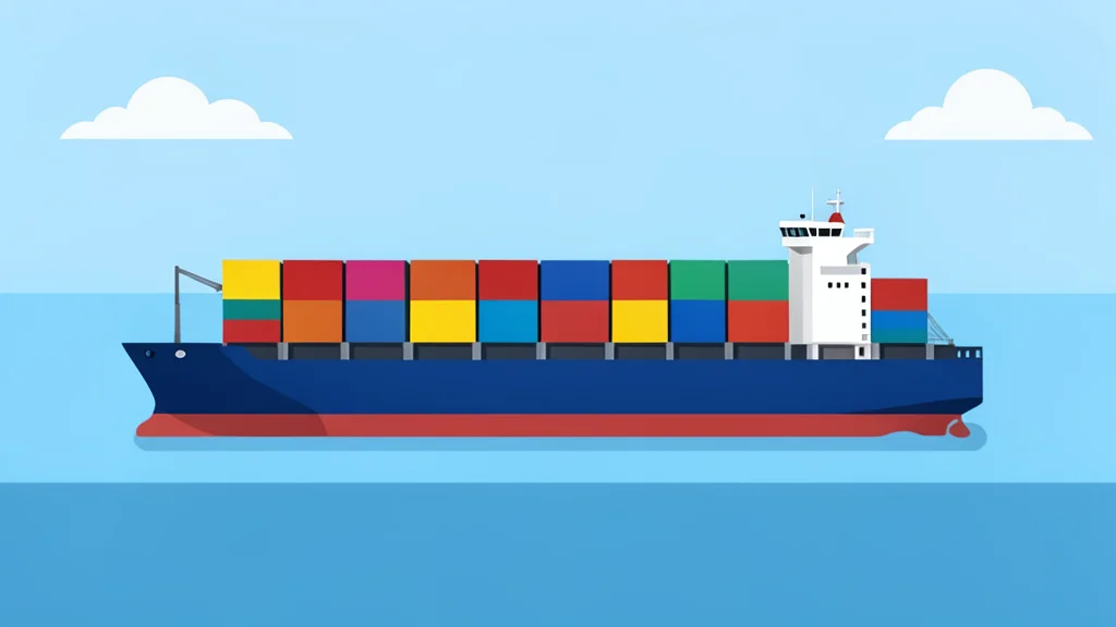 A large container ship loaded with stacked shipping containers moving through a calm harbor