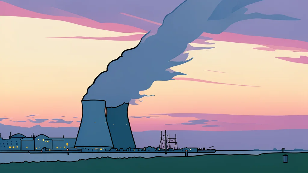 A large white concrete cooling tower releasing steam into a clear blue sky.