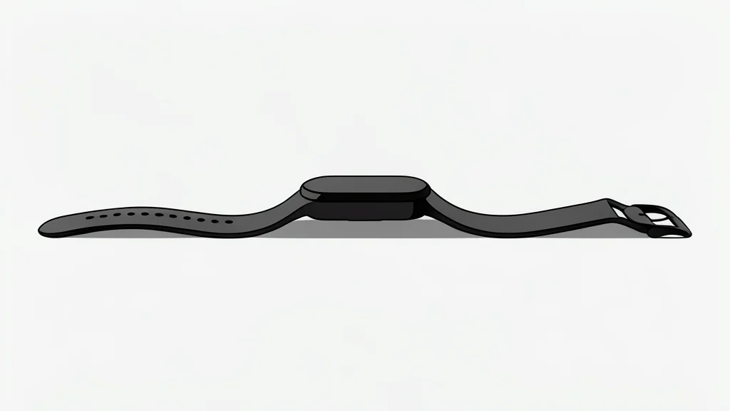A sleek, compact fitness tracker with a small rectangular screen and a flexible silicone band resting on a wooden surface.