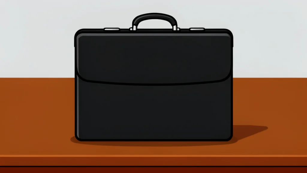 A closed black leather briefcase resting on a polished wooden surface.