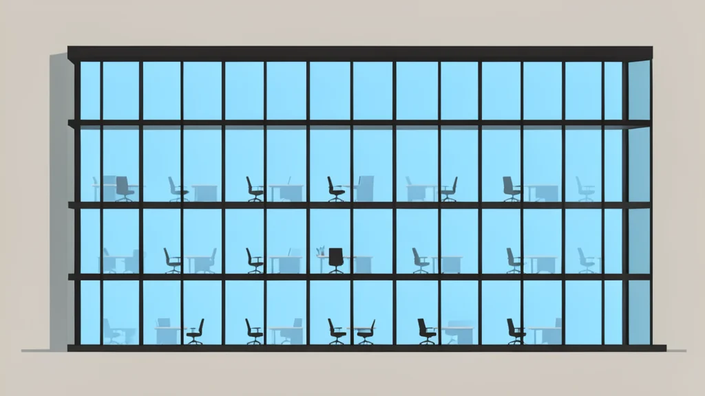 A modern glass office building with rows of empty desks and chairs