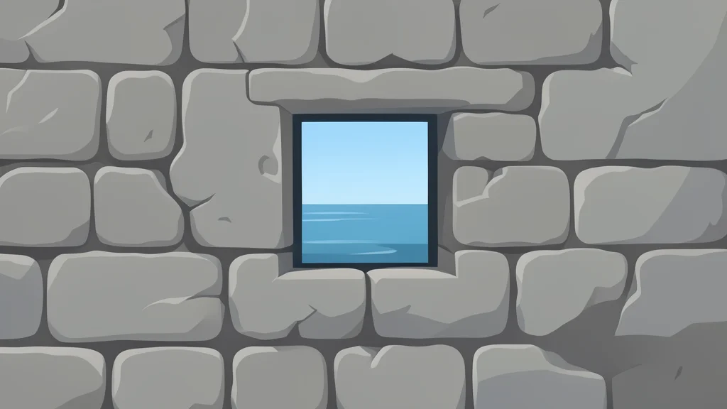 A weathered stone wall with a single small window overlooking a calm sea horizon.