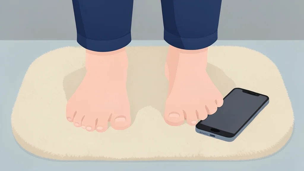 A pair of feet standing on a soft, textured mat next to a smartphone lying flat on the floor