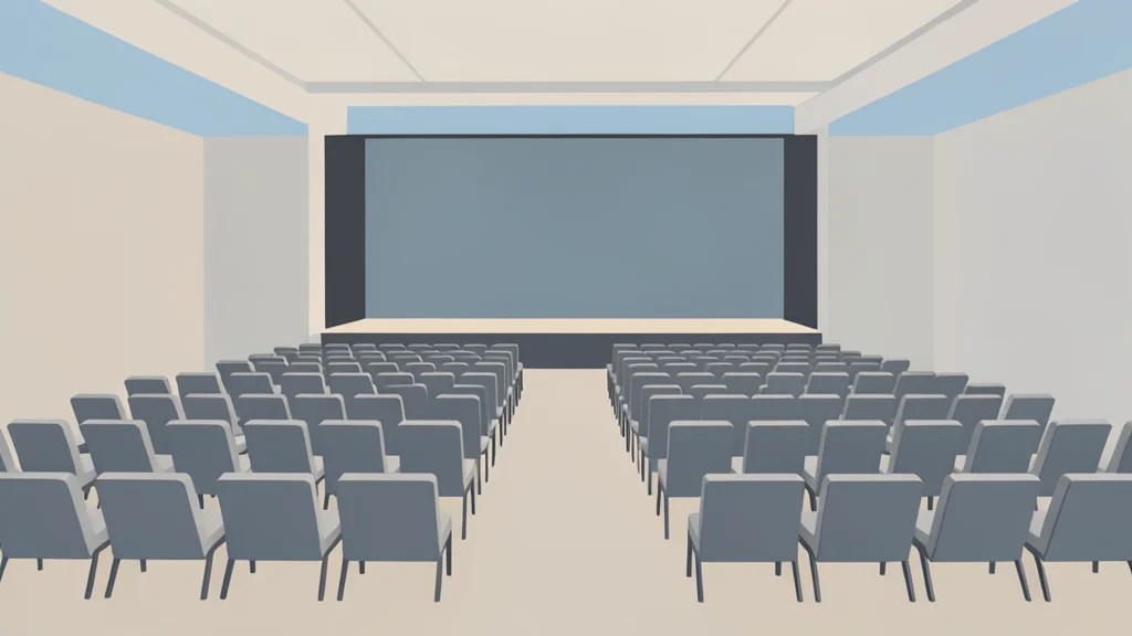 A large, modern conference hall with rows of empty chairs facing a stage.