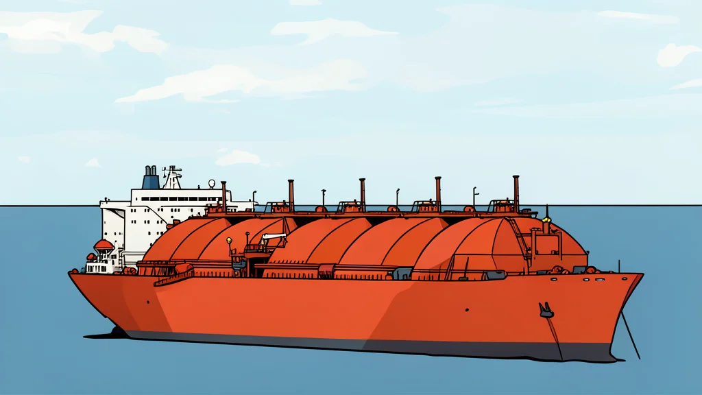A large industrial gas processing facility with silver pipes and storage tanks situated near a coastline
