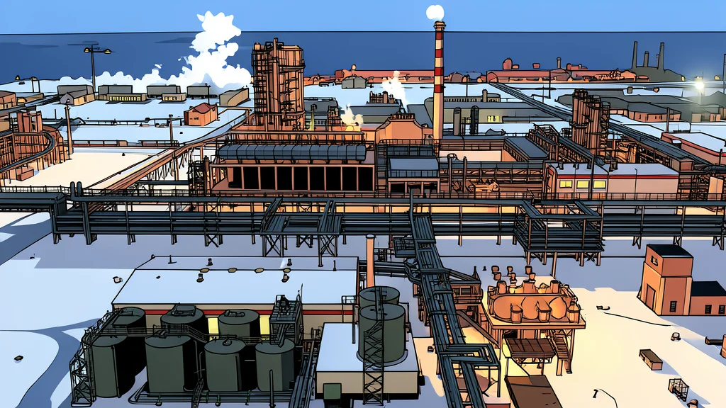 A large industrial refinery complex with tall smokestacks and storage tanks under a grey sky