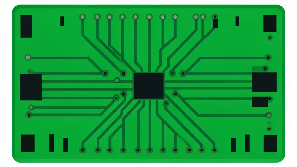 A close-up view of a green circuit board with intricate copper traces and small black rectangular components