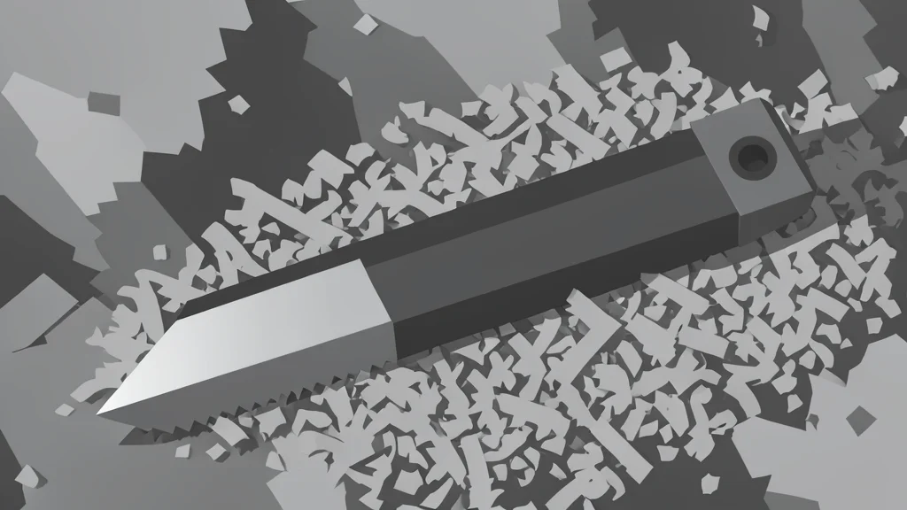 A heavy-duty industrial cutting tool with a sharp metallic edge resting on a textured surface of raw metal shavings.