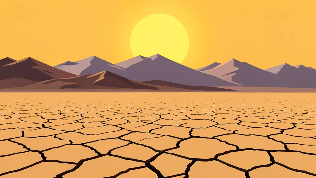 A dry, cracked desert landscape stretching toward a distant mountain range under a harsh sun