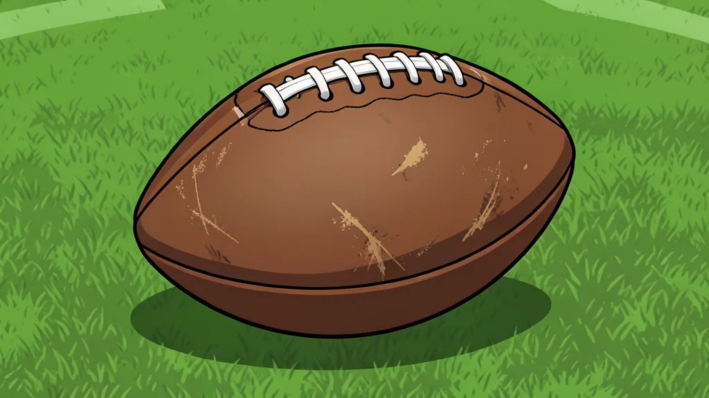 A single football resting on a vibrant green grass field under a clear sky.