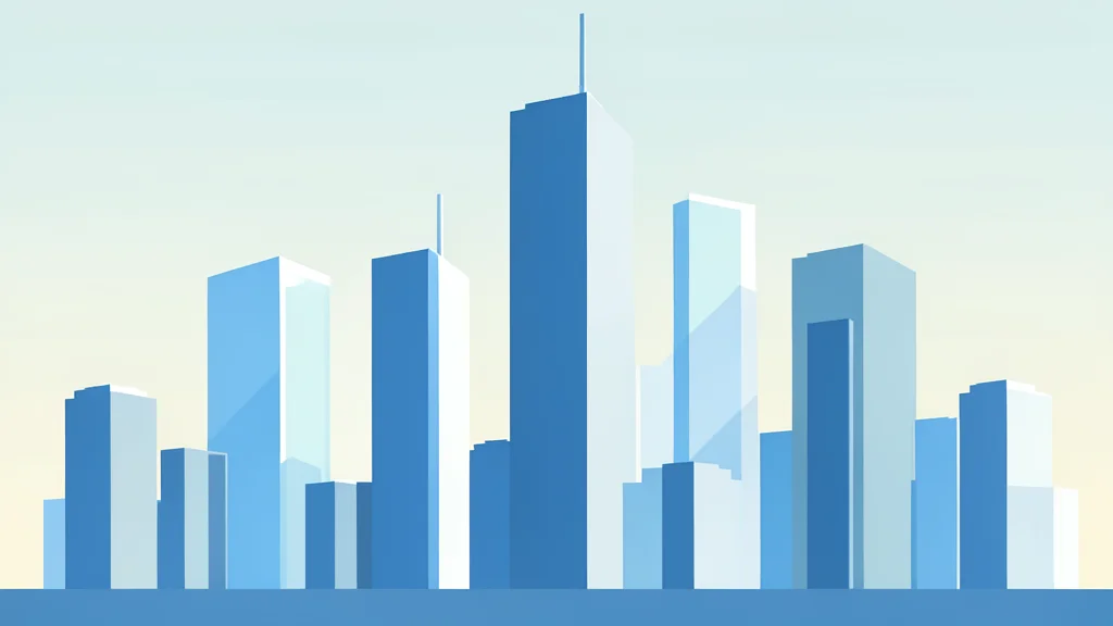 A modern city skyline with skyscrapers reflecting morning light in a flat vector style.