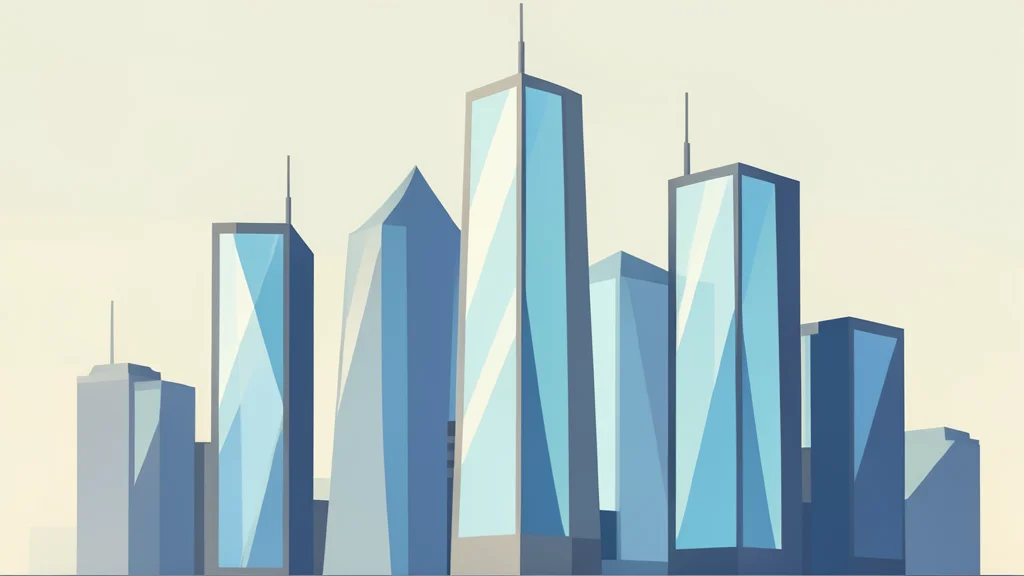 A modern city skyline with skyscrapers reflecting morning light