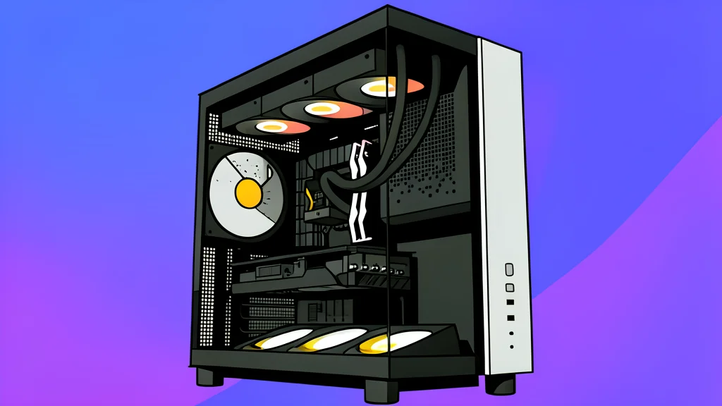 A sleek black computer tower with a transparent side panel revealing internal components and colorful lighting