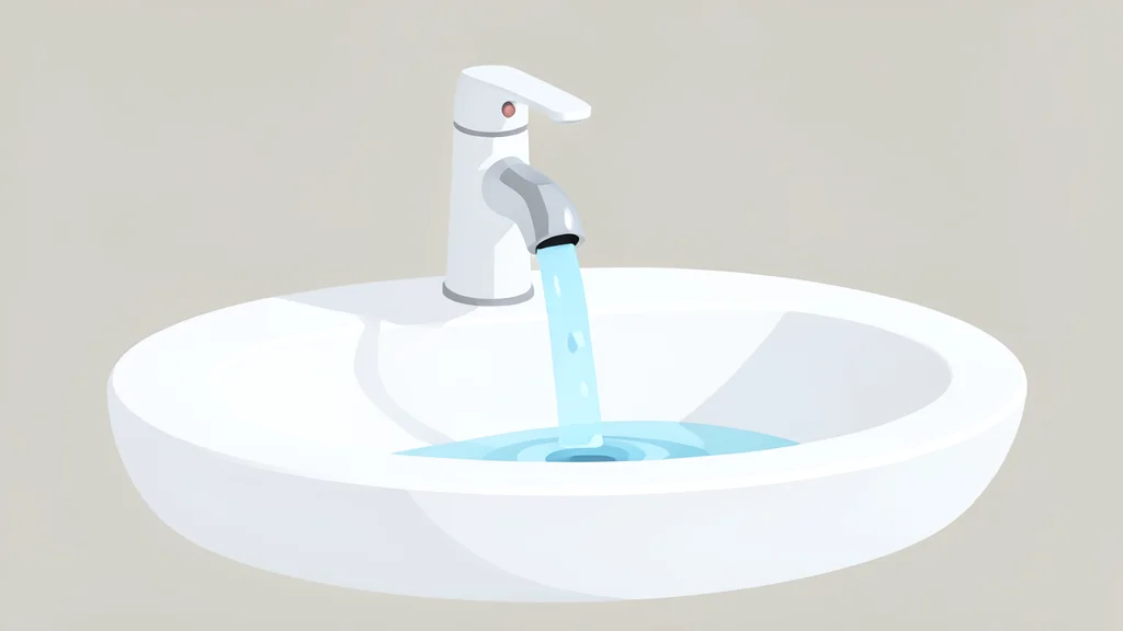 A ceramic water tap with a steady stream of clear water flowing into a white porcelain sink