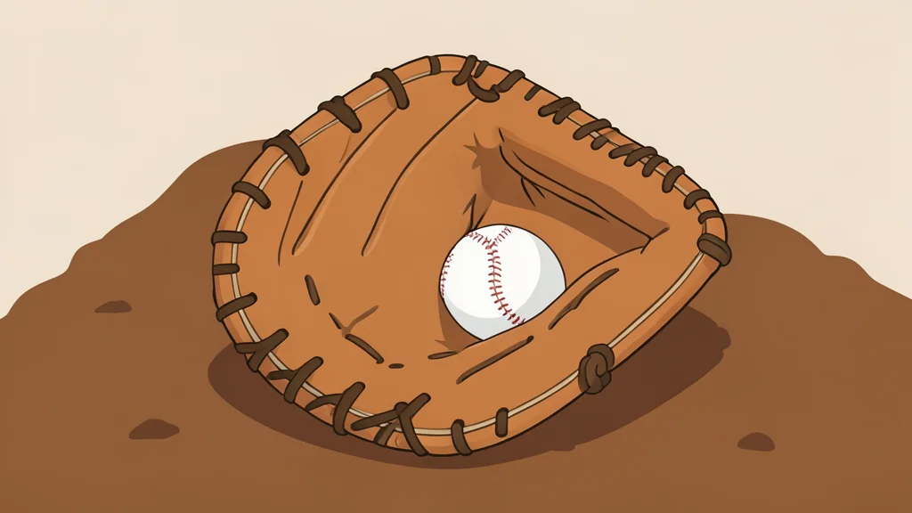 A worn leather baseball glove resting on a mound of dirt
