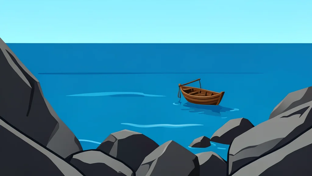 A rocky coastline meeting the sea with a small wooden boat floating on the water