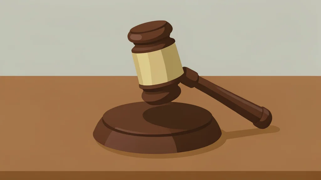 A wooden gavel resting on a polished desk surface